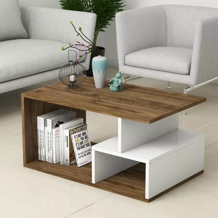 Tumma Pähkinävalkoinen Sohvapöytä - 100% Melamiinipinnoitettu Lastulevy, 18mm, 90x42x54cm, Useita Hyllyjä, Kiinnitettävä Seinäkiinnitys - Sohvapöydät - 8682870764194 - 1