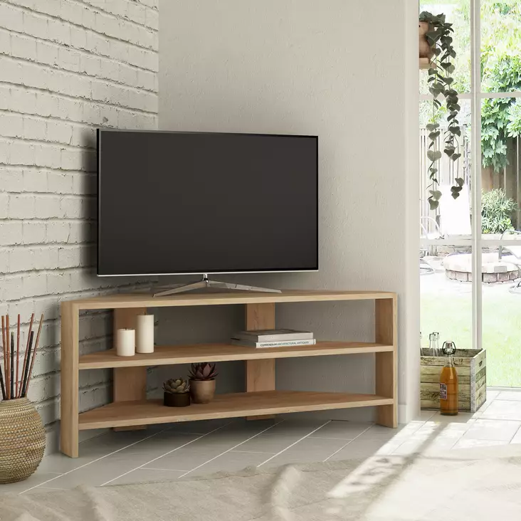 TV-taso, Tammi, 100% Melamiinipinnoitettu Lastulevy, 18 mm, 114x45x36 cm, Useita Hyllyjä, Seinään Kiinnitettävä - TV-tasot - 8681875104134 - 1