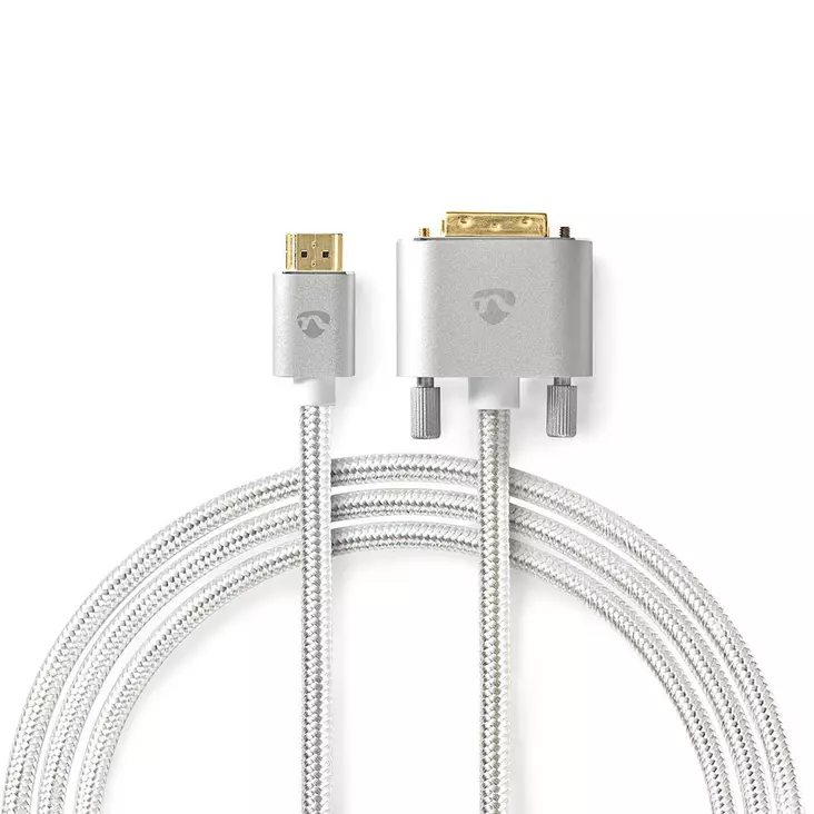 HDMI -kaapeli | HDMI liitin | DVI-D 24+1-Pin Uros | 2560x1600 | Kullattu | 2.00 m | Suora | Punottu | Hopea | Laatikko kannella ja ikkunalla - HDMI-kaapelit - 5412810333264 - 1