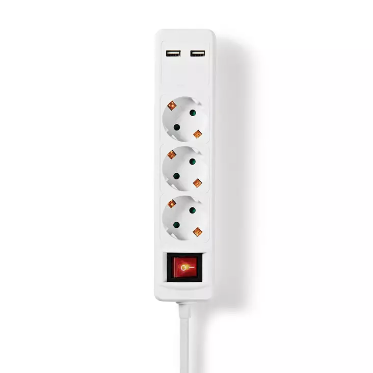 Jatkojohto | Maadoitettu virtaliitin / Tyyppi F (CEE 7/7) | 3-suuntainen | 1.50 m | 3680 W | 16 A | Maadoituksen tyyppi: Sivukontaktit | 230 V AC 50/60 Hz | Pistokannan kulma: 45 ° | H05VV-F 3G1.5mm² | On/off-kytkin | Valkoinen - Jatkojohdot - 5412810323234 - 1