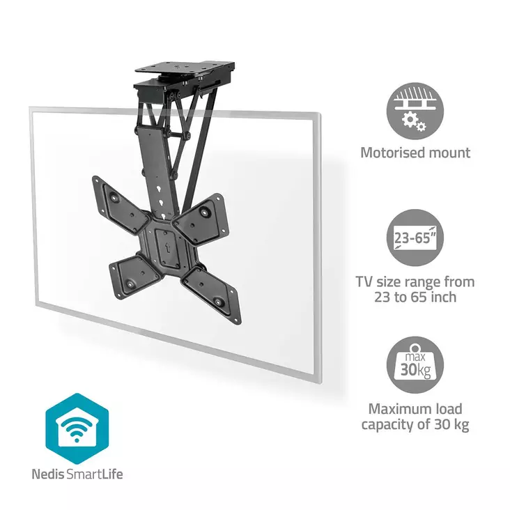 SmartLife Motorised TV Ceiling Mount | 23 - 65 " | Maximum supported screen weight: 30 kg | Rotatable | Tiltable | Minimum ceiling distance: 140 mm | Remote controlled | Steel | Black - TV telineet - 5412810450664 - 1