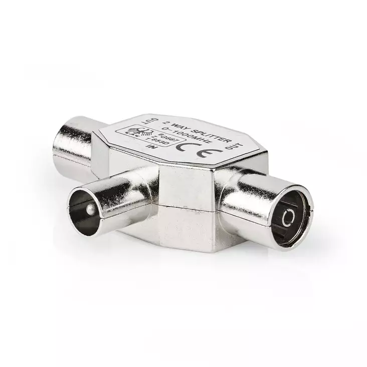Satelliitti- ja antenni-sovitin | IEC (Coax) Uros | 2x koaksiaali naaras | Niklattu | 75 Ohm | T-jakaja | Metalli | Hopea | 1 kpl | Laatikko - Antenniliittimet ja adapterit - 5412810289554 - 1