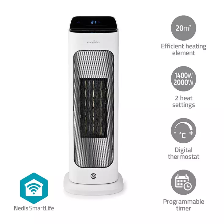 SmartLife keraaminen PTC-tuuletinlämmitin | 2000 W | 2 Lämpöasetusta | Oskillaatio | Näyttö | 10 - 49 °C | Android / IOS | Valkoinen - Lämmitys - 5412810443154 - 1