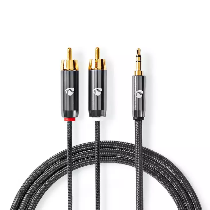 Stereoäänikaapeli | 3.5 mm uros | 2x RCA uros | Kullattu | 5.00 m | Pyöreä | Gun Metal Harmaa | Laatikko kannella ja ikkunalla - Audiokaapelit - 5412810318674 - 1
