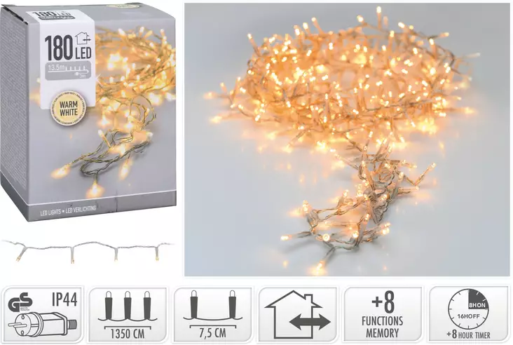 Led jouluvalot ulkokäyttöön 180 lämmin valkoinen led, 13,5m valoketju, ajastin ja 8 toimintoa - Valosarjat - 8721037226684 - 1