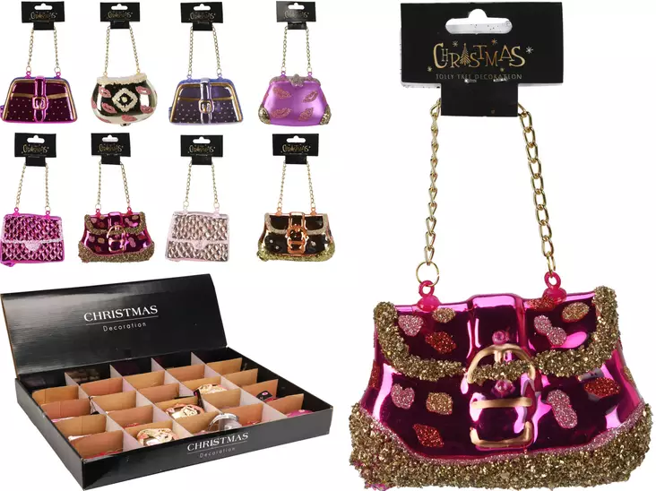 Muodikas käsilaukkukoriste joulukuuseen – tyylikäs lasinen ripustuskoriste kultaisella ketjulla 100 - Joulukoristeet ja -tekstiilit - 8721037253154 - 1