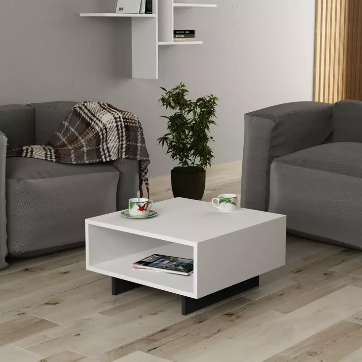 Sohvapöytä - Valkoinen Antrasiitti, 100% Melamiinipinnoitettu Lastulevy, 60x60x32 cm, Itsekoottava, Moderni Design - Sohvapöydät - 8681875277364 - 1