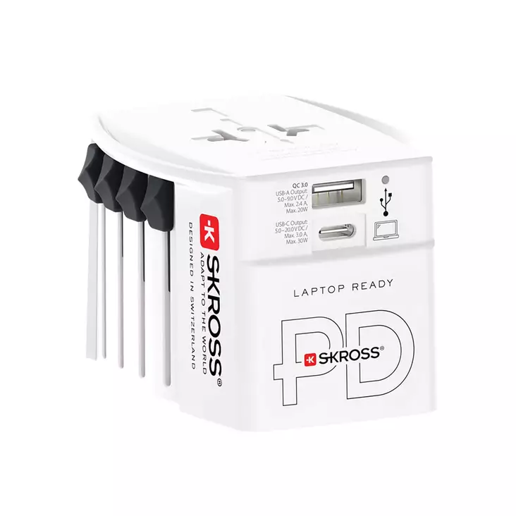 Innovatiivinen 2-napainen maailmanmatkasovitin, jossa on integroitu kaksois-USB-laturi (1x USB C & 1 x USB). -  - 19-19-7640326820864 - 25