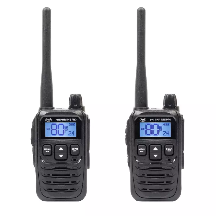 Kahden kannettavan radioaseman sarja PNI PMR R45 PRO 446MHz, 0,5W, 99CH ohjelmoitava, 16 PMR, VOX, TOT, BCL, Scan, Roger Beep - PNI tuotteet - 5949066542664 - 1