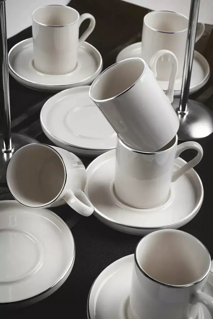 Kahvikuppisetti 12 osaa - 100% posliini, valkoinen hopea, 100 ml kupit, 12 cm lautaset, ei konepesua, ei mikroaaltouunia - Kahvi- ja teeastiat - 8684283773404 - 1