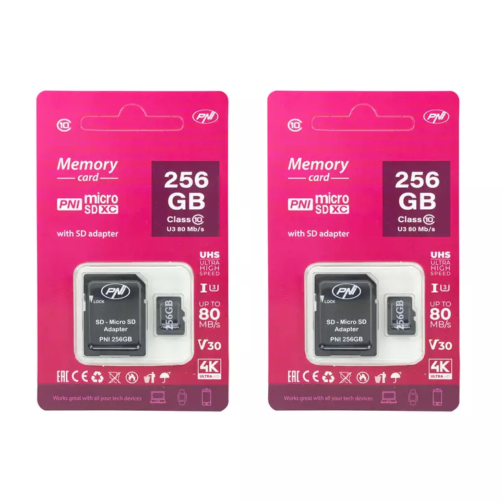 Kaksiosainen PNI 256GB MicroSD -muistikorttipaketti Class 10 SD -adapterilla, 80 Mb/s, V30 - PNI tuotteet - 5949066548734 - 1