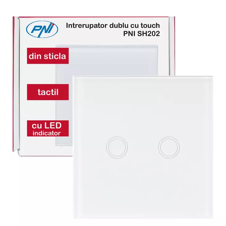 Kaksoiskytkin PNI SH202 -lasikosketuksella, valkoinen LED-merkkivalolla - Kytkimet - 5949066518744 - 1