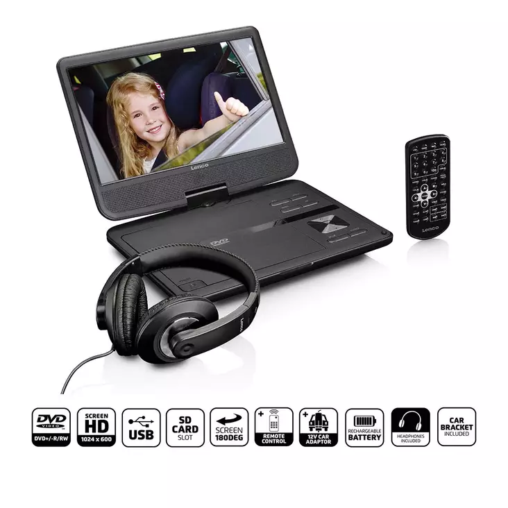 Kannettava 10" DVD-soitin USB:llä -kuulokkeet-ripustuskannatin Musta - Televisiot ja mediatoistimet - 8711902037934 - 1