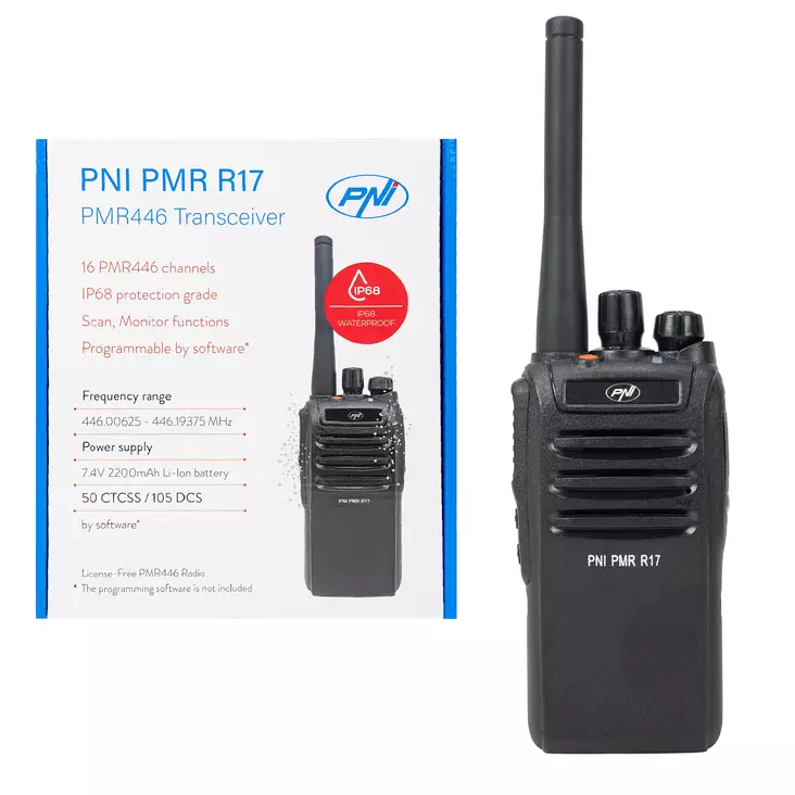 Kannettava radioasema PNI PMR R17 446MHz, 0,5W, 16 PMR-kanavaa ja 50 CTCSS- ja 104 DCS-ääntä, ohjelmoitava, Li-Ion 2200 mAh, IP68 - PNI tuotteet - 5949066535154 - 1