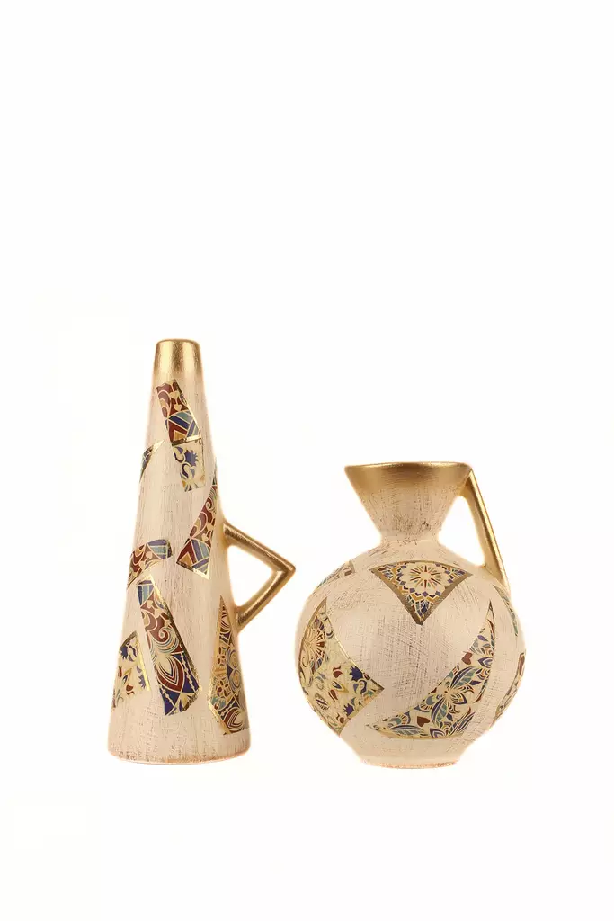 Käsinmaalattu Keraaminen Koristeellinen Ruukkusetti (2 kpl) - Beige - Pieni Ø12 cm, Iso Ø8 cm - Tyylikäs Sisustusratkaisu - Kukka-amppelit ja maljakot - 8684283654734 - 1