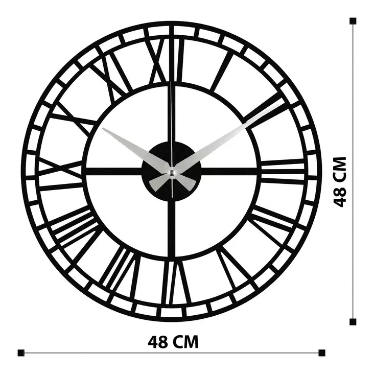 Koristeellinen Metallinen SeinäKello, Musta, 48x48 cm, 100% Metalli, 1,2mm, Paristokäyttöinen, Tyylikäs Sisustuselementti - Seinäkellot - 8682870854024 - 1