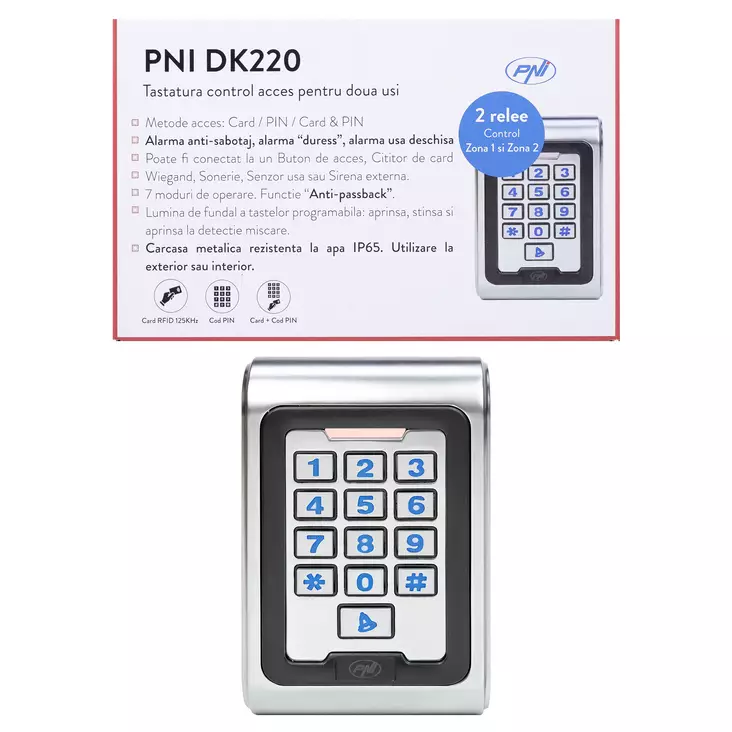 Kulunvalvontanäppäimistö PNI DK220, erillinen, ulkoa ja sisällä, IP65, 2 relettä - PNI tuotteet - 5949066525704 - 1