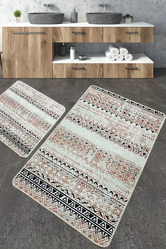 Kylpyhuonematto Setti 2-osainen - Monivärinen, 100% Polyesteri, Antibakteerinen, Liukumaton, 60x100cm & 50x60cm - Kylpyhuonematot ja kosteantilan matot - 8683342801164 - 1