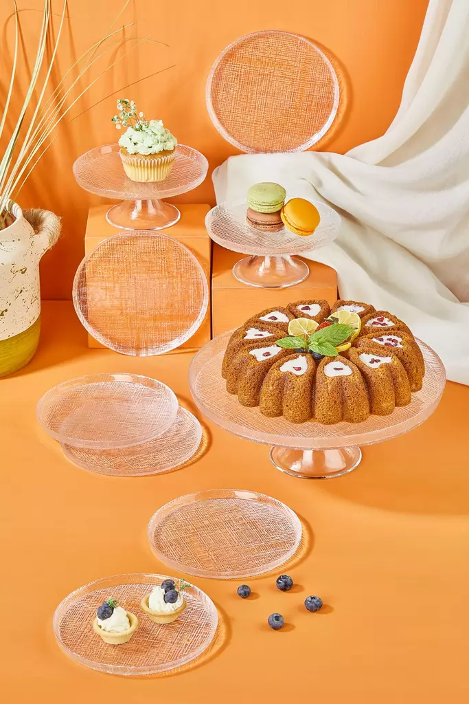 Läpinäkyvä Jälkiruokalautasetti 9-osainen - 100% Lasi - 6 Lautasta 16 cm, 1 Kakkualusta 28 cm, 2 Kakkualustaa 16 cm - Lautaset - 8684283795994 - 1