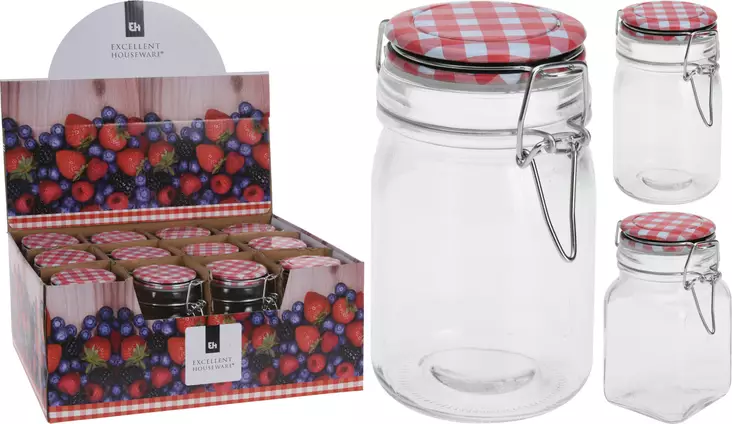 Lasinen säilytyspurkki 250 ml punavalkoruudullisella kannella ja metallikiinnityksellä - Ruoan pakastus ja säilöntä - 8719202392364 - 1