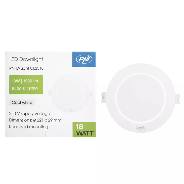 LED-kohdevalo PNI D-Light CL2518 18W, upotettava, pyöreä 22 cm, 6400K, 230V virtalähde, 1980 lm, kylmä valkoinen - PNI tuotteet - 5949066543104 - 1