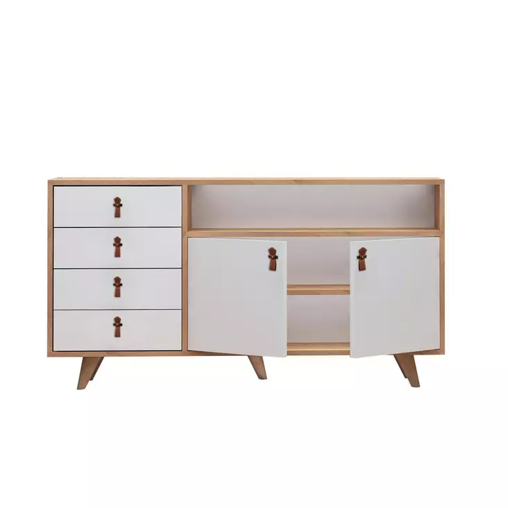 Moderni Konsoli: 140x86x40 cm, 4 Vetolaatikkoa, Tammi/Valkoinen, 100% Melamiinipinnoitettu, PU-nahkakahva, Puujalat - Lipastot ja senkit - 8681875207484 - 1