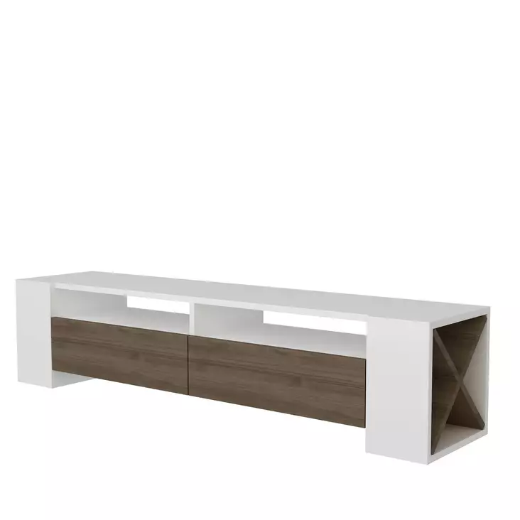 Moderni TV-taso, 155x35x35 cm, Pähkinä Valkoinen, 100% Melamiinipinnoitettu Lastulevy, Useita Hyllyjä, Lisäsäilytystilaa - TV-tasot - 8681875445084 - 1
