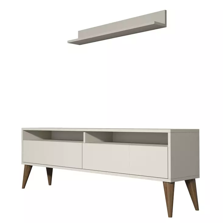 Moderni TV-taso, Kermanvärinen, 100% Melamiinipinnoitettu Lastulevy, 18 mm, 150x50x30 cm, Useita Hyllyjä, Seinään Kiinnitettävä - TV-tasot - 8681875828184 - 1