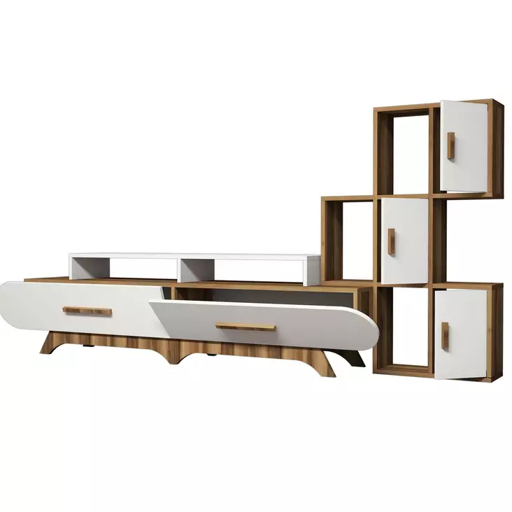 Moderni TV-taso, Pähkinä Valkoinen, 100% Melamiinipinnoitettu, 205x50x36,8 cm, Useita Hyllyjä, Kiinnitettävä Seinäasennus - TV-tasot - 8681875184594 - 1