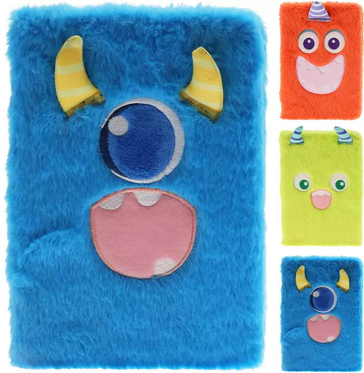 Monsteriteemainen pehmeä karvainen muistikirja - sininen, oranssi tai vihreä, 80 sivua - Vihkot ja paperit - 8721037358484 - 1