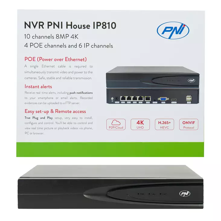 NVR POE PNI House IP810, jossa 10 kanavaa 4K 8MP, 4 kanavaa POE ja 6 kanavaa IP AI -toiminnot - PNI tuotteet - 5949066536564 - 1