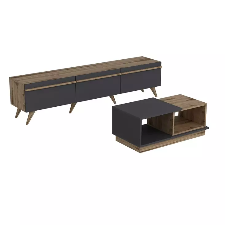 Olohuoneen Kalustesetti - Anthracite Walnut - 100% Melamiinipinnoitettu - TV-taso 180x42x35 cm - Pöytä 90x36x45 cm - Huonekalut - 8683742131144 - 1