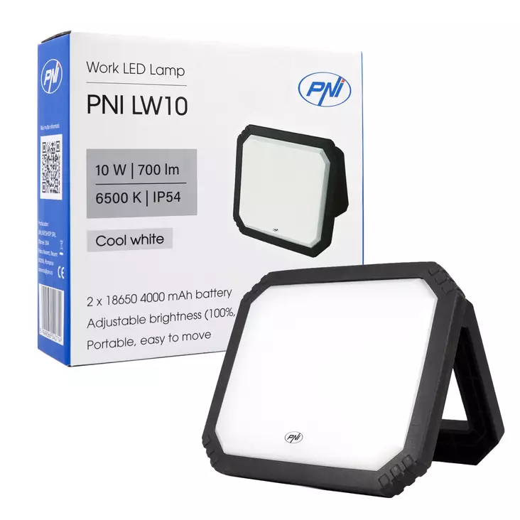 PNI LW10 10W LED-työvalaisin, kannettava, ladattava, 2 x 18650 4000 mAh akulla, 6500K, IP54, 700 lm, 2 kirkkaustasoa - PNI tuotteet - 5949066540714 - 1