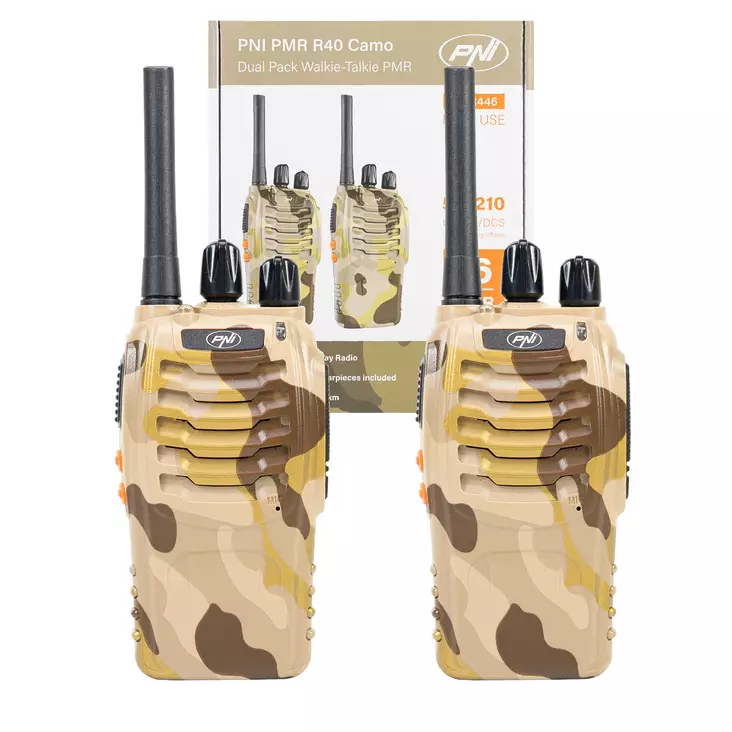 PNI PMR R40 Camo kannettava radioasema, setti 2 kpl, 0,5W, 16 ohjelmoitavaa kanavaa, 16 PMR ja 50 CTCSS ja 104 DCS-ääntä, ASQ, TOT, näyttö, ohjelmoitava, 1200mAh akut, laturit ja kuulokkeet mukana - PNI tuotteet - 5949066538964 - 1