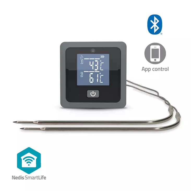 SmartLife lihalämpömittari | Push-ilmoitus / Summeri | Bluetooth® | Ajastin | LCD | Koettimien lukumäärä: 2 | 1.20 m | Koettimen pidikkeet | Nedis® SmartLife | Harmaa - Keittiö ja ruoanlaitto - 5412810475094 - 1