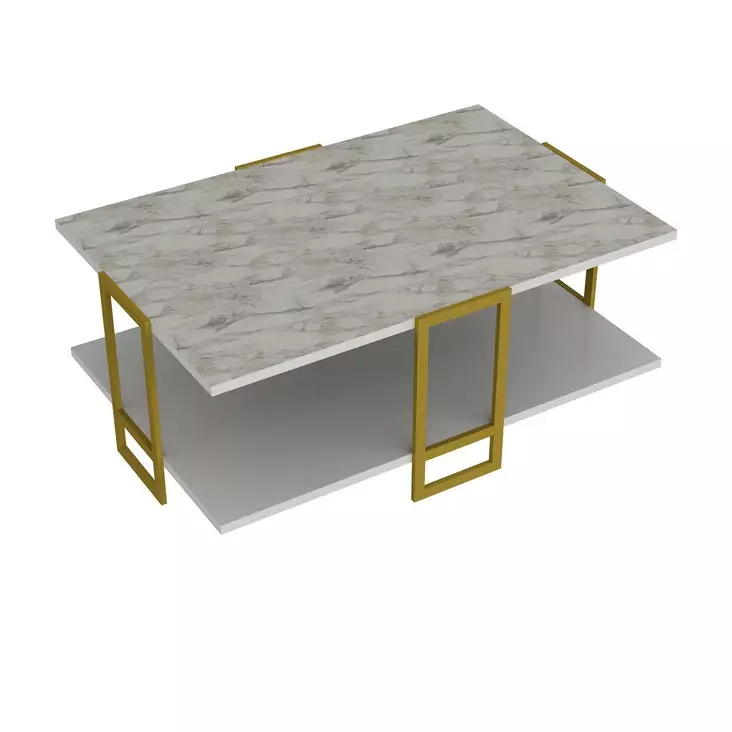 Sohvapöytä - Kulta Valkoinen, 100% Melamiinipinnoitettu, 2-Tasoinen, Metallijalat, 91,5x36,6x61,5 cm, Lisäsäilytys - Sohvapöydät - 8681875670684 - 1