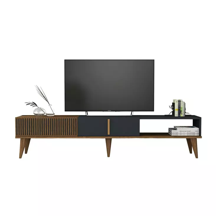 TV-taso, Huonekalut, Pähkinä Antrasiitti, 100% Melamiinipinnoitettu Lastulevy, 180x40x35 cm, Muovijalat, 30 kg, 2 Pakkausta - TV-tasot - 8683742130574 - 1
