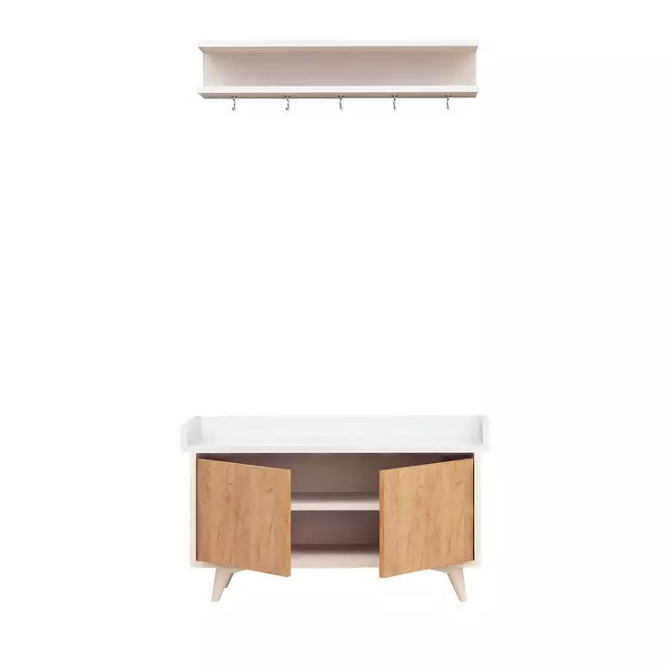 Tyylikäs Hall Stand - Tammi Valkoinen, 100% Melamiinipinnoitettu, 18mm, Kengät 90x60x35cm, Seinäkoukku 80x18,8x15cm - Eteiskaapit - 8681875207514 - 1