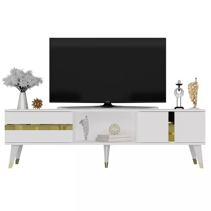 Valkoinen ja Kultainen TV-taso - 100% Melamiinipinnoitettu - 150x29,6x50 cm - Kestävä ja Tyylikäs Säilytysratkaisu - TV-tasot - 8683742035084 - 1