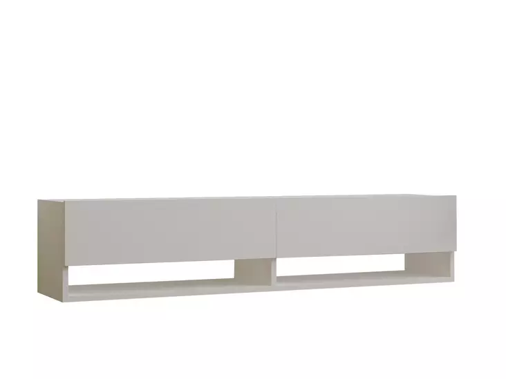 Valkoinen TV-taso, 100% melamiinipinnoitettu, 18mm, 141x31x30cm, useita hyllyjä, seinäkiinnitys, skandinaavinen tyyli - TV-tasot - 8683342398084 - 1