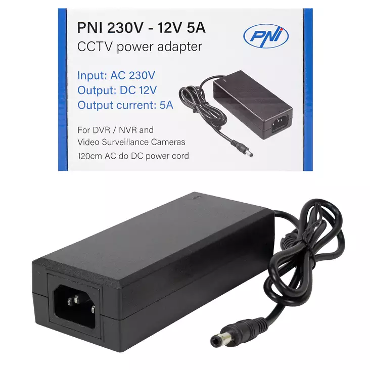 Virtalähde PNI CCTV 230V, tulo 230V, lähtö 12V, 5A, 2 metriä, musta - PNI tuotteet - 5949066536434 - 1