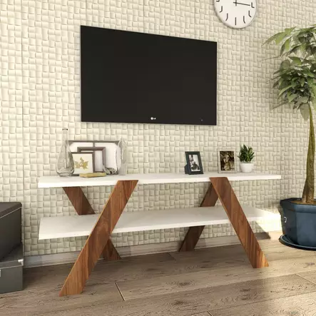 TV-taso, valkoinen pähkinäpuu, 120 cm leveä, kestävä, tilaa säästävä - TV-tasot - 8681875462555 - 2