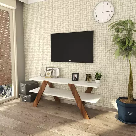 TV-taso, valkoinen pähkinäpuu, 120 cm leveä, kestävä, tilaa säästävä - TV-tasot - 8681875462555 - 1
