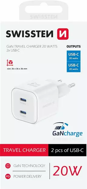 Swissten GaN 2xUSB-C 20W -laturi - Verkkolaturit - 8595217487185 - 2