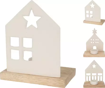 Koristeellinen valkoinen talonmuotoinen tuikkukynttilänpidike puupohjalla – lämmin tunnelmavalo kotiin - Kynttilät ja lyhdyt - 8721037071215 - 1