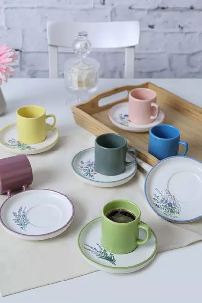 Kahvikuppisetti 12 kpl - Monivärinen, 100% Keraaminen, Antibakteerinen, Ekologinen, Mikroaaltouuni- ja Astianpesukoneenkestävä - Kahvi- ja teeastiat - 8684282992035 - 2