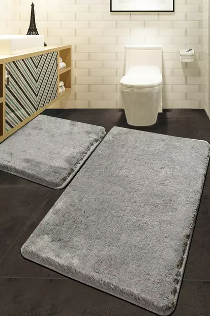 Luxus Akryylinen kylpyhuonemattosetti (2 kpl) - Antibakteerinen ja Liukumaton, harmaa, 50 x 60 cm, 60 x 100 cm, antibakteerinen, liukumaton, konepestävä - Kylpyhuonematot ja kosteantilan matot - 8681875077865 - 2