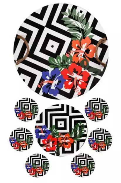 Monivärinen Puinen Tarjotin & Lasinalussetti (8 osaa) - Keittiötarvikkeet, 100% Puu, Ei Astianpesukoneeseen - Tarjoiluastiat - 8682870862715 - 1