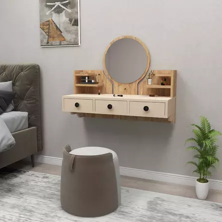 Tyylikäs Meikkipöytä - Atlantic Pine Beige - 100% Melamiinipinnoitettu - 18mm - 75x90x36,8cm - Kestävä ja Tilava - Meikkipöydät - 8683743972685 - 2