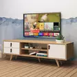 Tyylikäs TV-taso: Tammi-valkoinen, 120x53x40 cm, 2 laatikkoa, PU-nahkakahva, seinäkiinnitys, puujalat - TV-tasot - 8681875207385 - 2